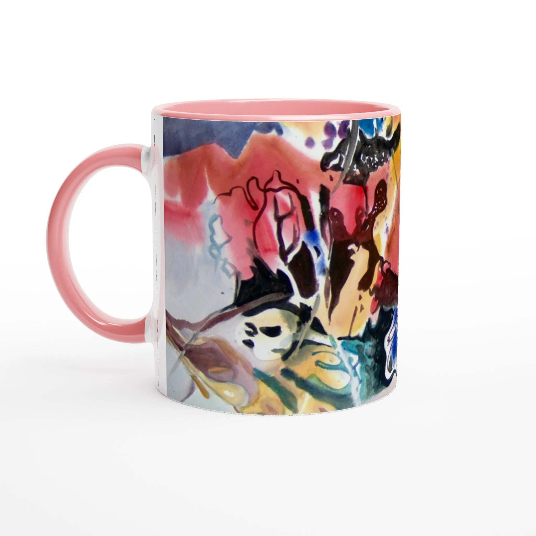 11oz White Ceramic Mug with Color Inside | Coffee Cup with 'Floral Fantasy' Abstract Artwork by American Artist Barbara Cleary