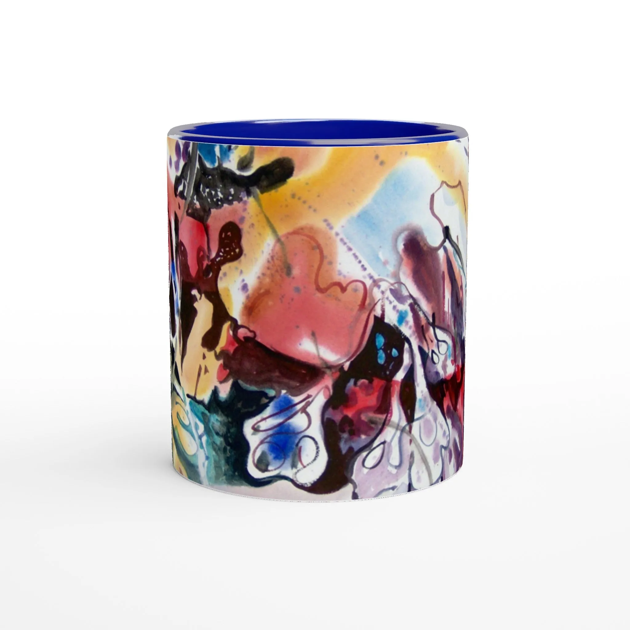 11oz White Ceramic Mug with Color Inside | Coffee Cup with 'Floral Fantasy' Abstract Artwork by American Artist Barbara Cleary