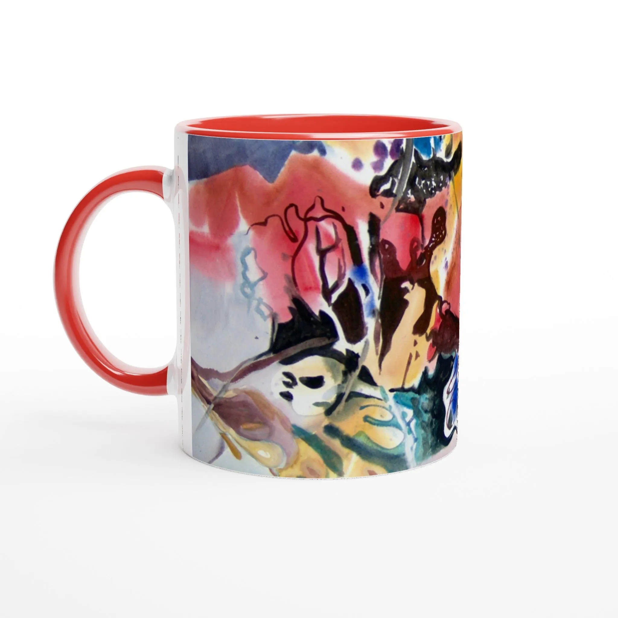 11oz White Ceramic Mug with Color Inside | Coffee Cup with 'Floral Fantasy' Abstract Artwork by American Artist Barbara Cleary