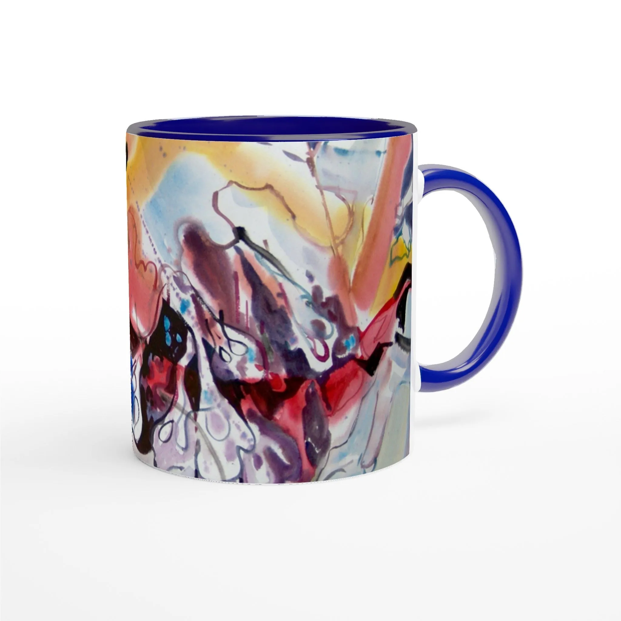 11oz White Ceramic Mug with Color Inside | Coffee Cup with 'Floral Fantasy' Abstract Artwork by American Artist Barbara Cleary