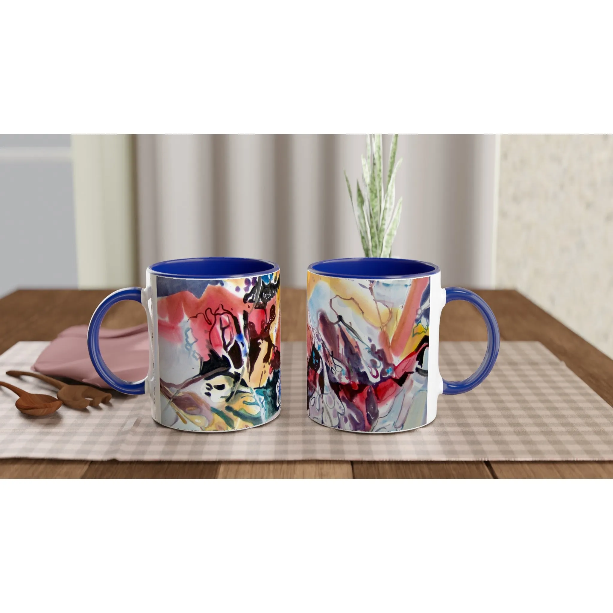11oz White Ceramic Mug with Color Inside | Coffee Cup with 'Floral Fantasy' Abstract Artwork by American Artist Barbara Cleary