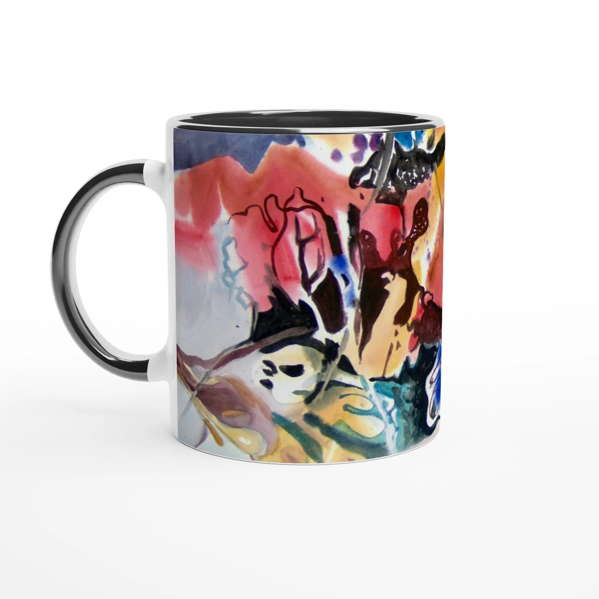 11oz White Ceramic Mug with Color Inside | Coffee Cup with 'Floral Fantasy' Abstract Artwork by American Artist Barbara Cleary