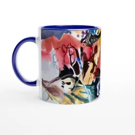 11oz White Ceramic Mug with Color Inside | Coffee Cup with 'Floral Fantasy' Abstract Artwork by American Artist Barbara Cleary