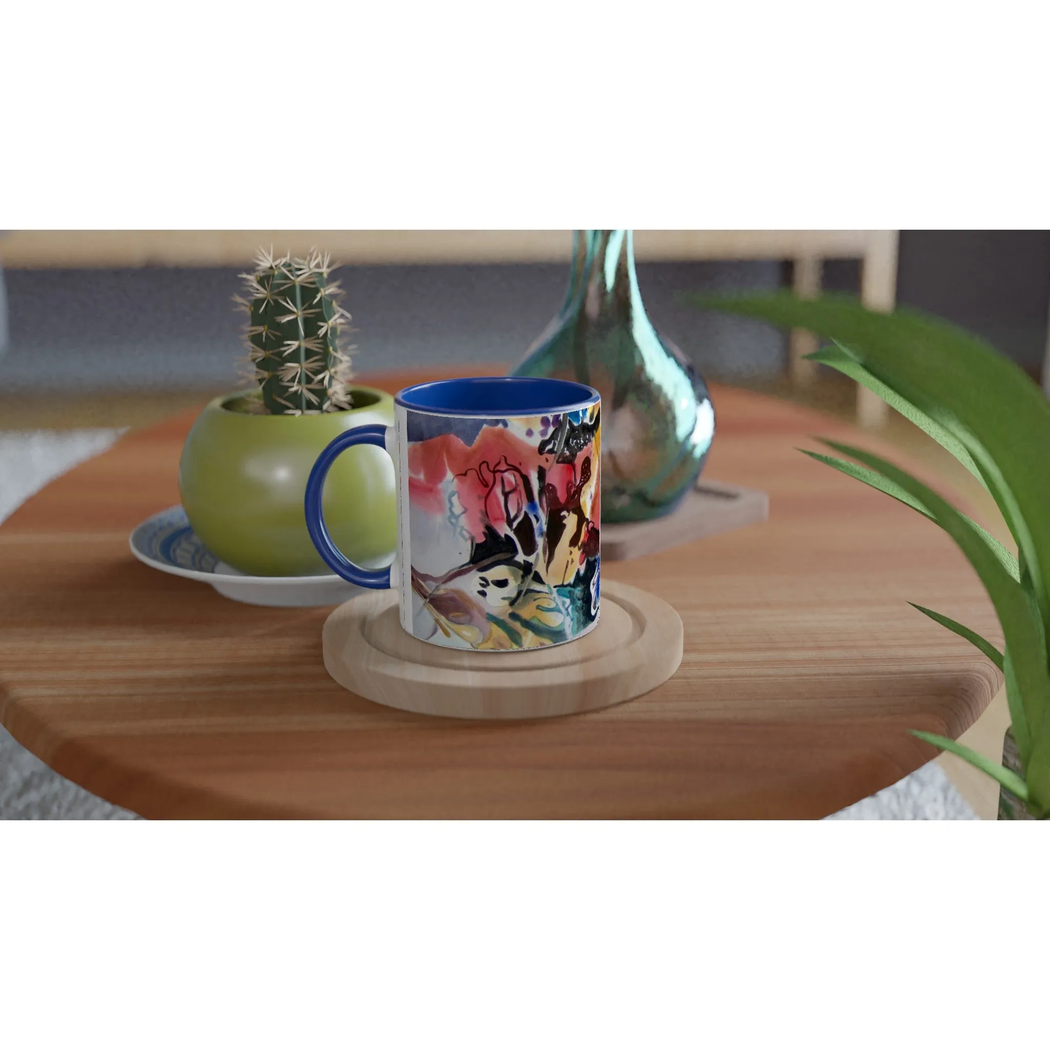 11oz White Ceramic Mug with Color Inside | Coffee Cup with 'Floral Fantasy' Abstract Artwork by American Artist Barbara Cleary