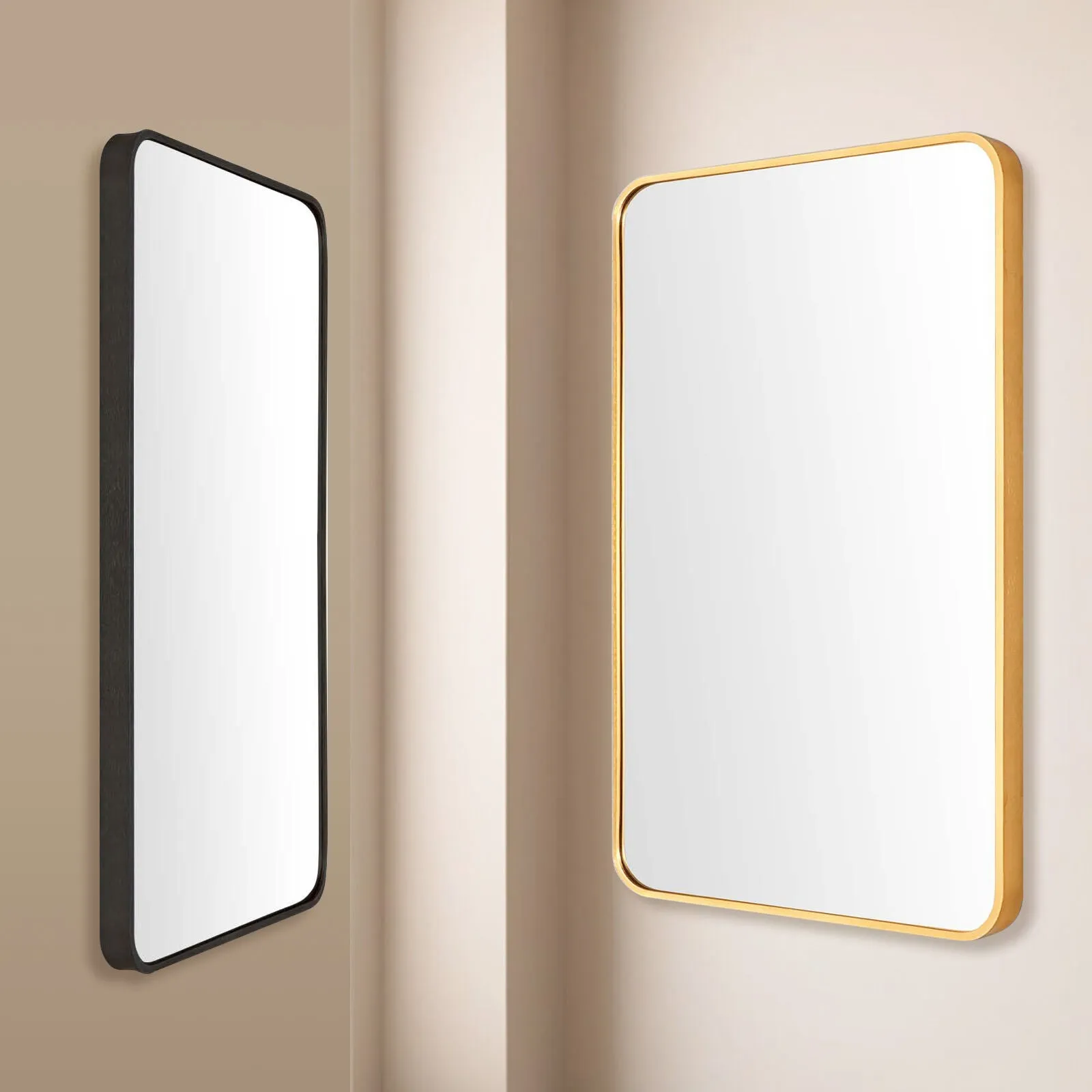 2 Set Wall Mirror | Rectangular Aluminum Frame | Bathroom | 60x80cm | Gold