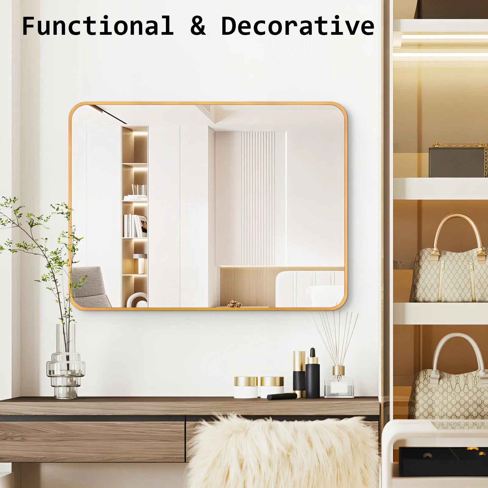 2 Set Wall Mirror | Rectangular Aluminum Frame | Bathroom | 60x80cm | Gold