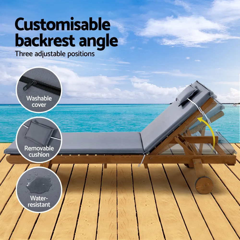 2x Sun Lounge | Wooden Lounger | Outdoor Furniture | Day Bed | Wheel Patio | Grey