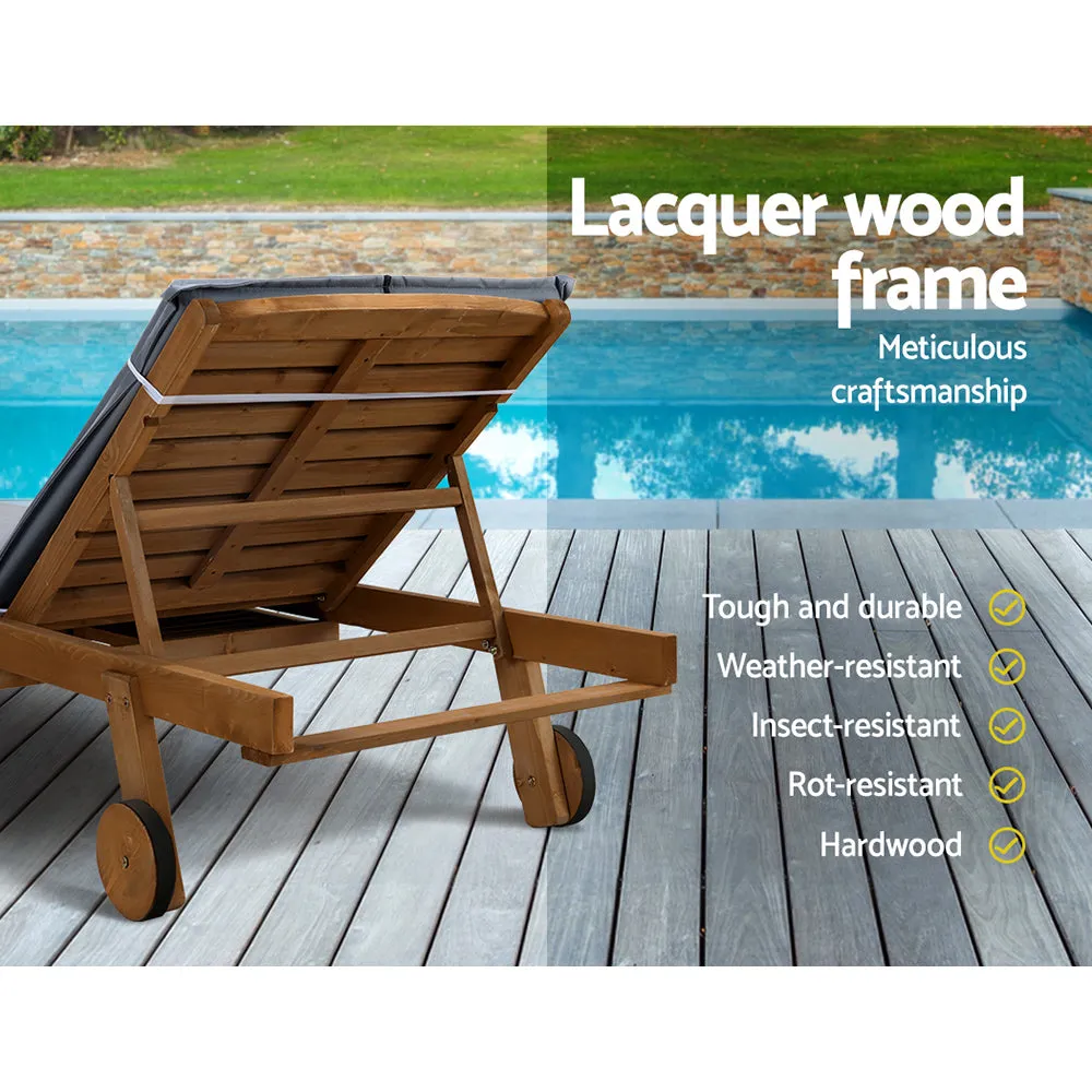 2x Sun Lounge | Wooden Lounger | Outdoor Furniture | Day Bed | Wheel Patio | Grey