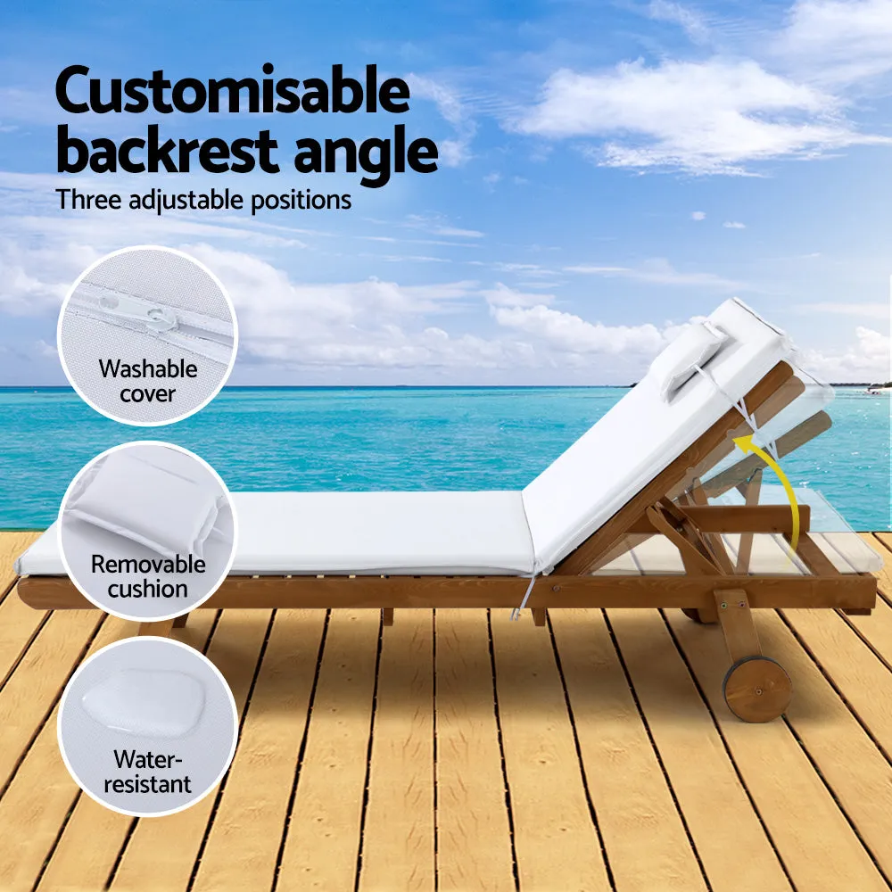 2x Sun Lounge | Wooden Lounger | Outdoor Furniture | Day Bed | Wheel Patio | White
