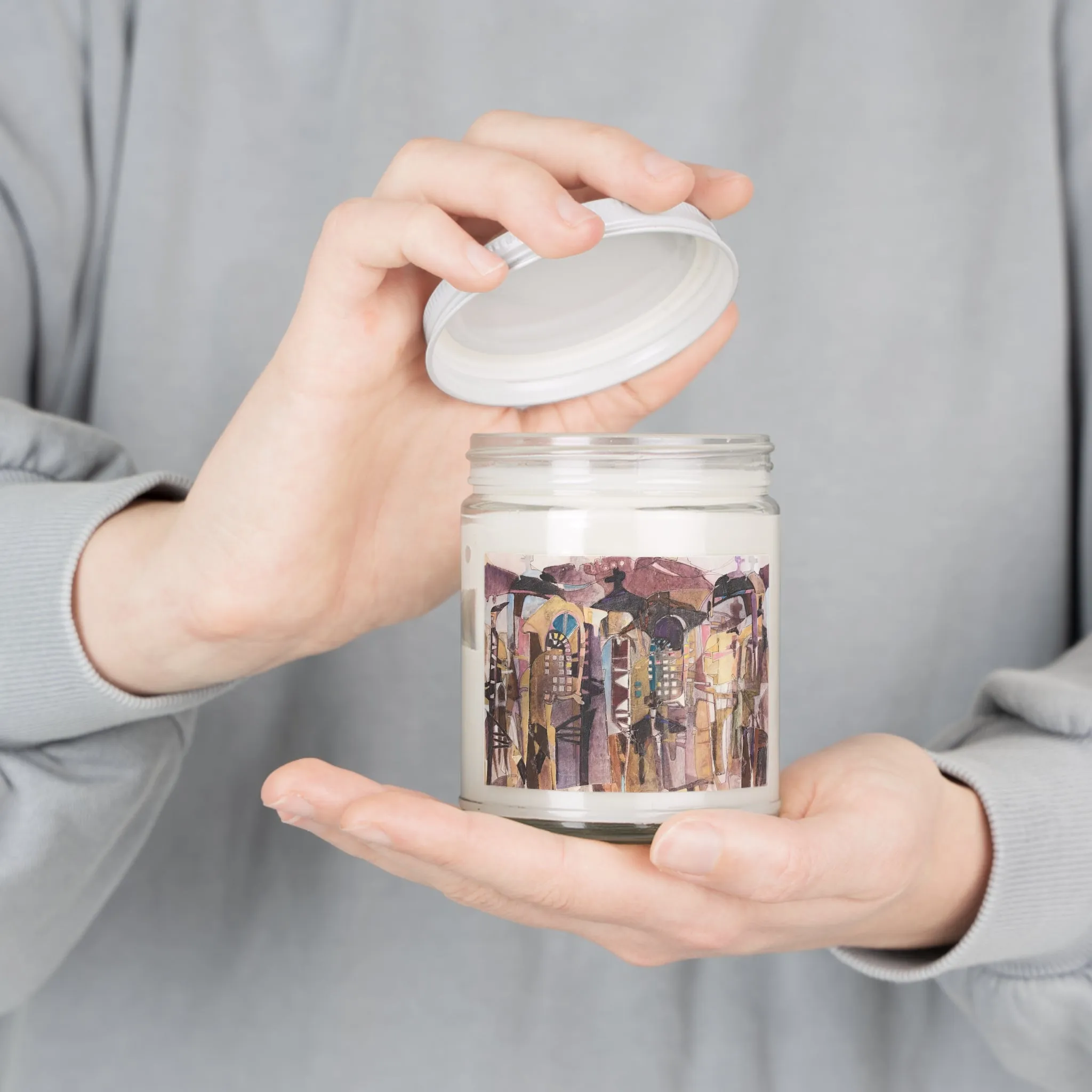 9oz Eco-FriendlyScented or Unscented Soy Wax Candle Jar  with 'San Francisco De Asis' Southwestern Artwork by American Artist Barbara Cleary