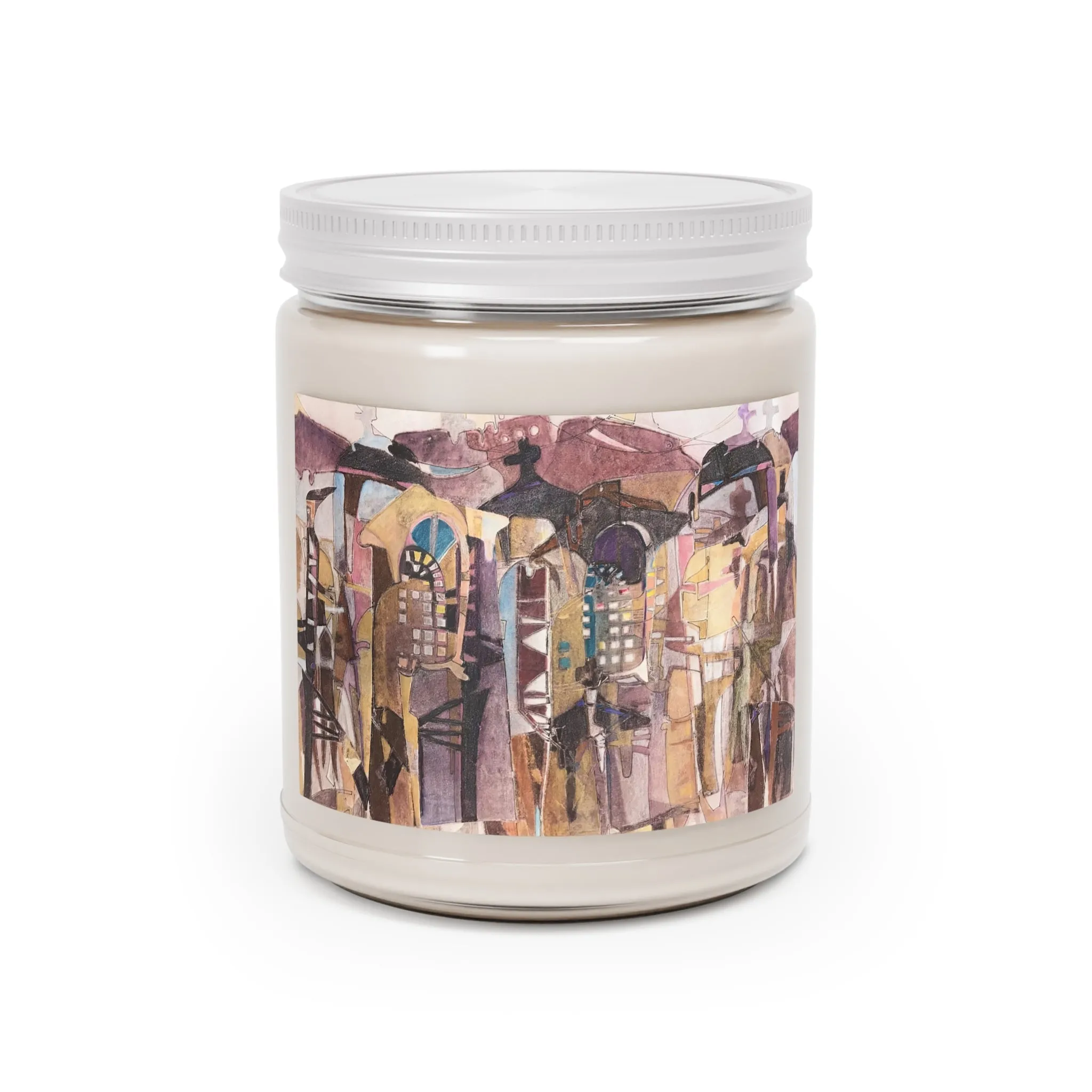 9oz Eco-FriendlyScented or Unscented Soy Wax Candle Jar  with 'San Francisco De Asis' Southwestern Artwork by American Artist Barbara Cleary