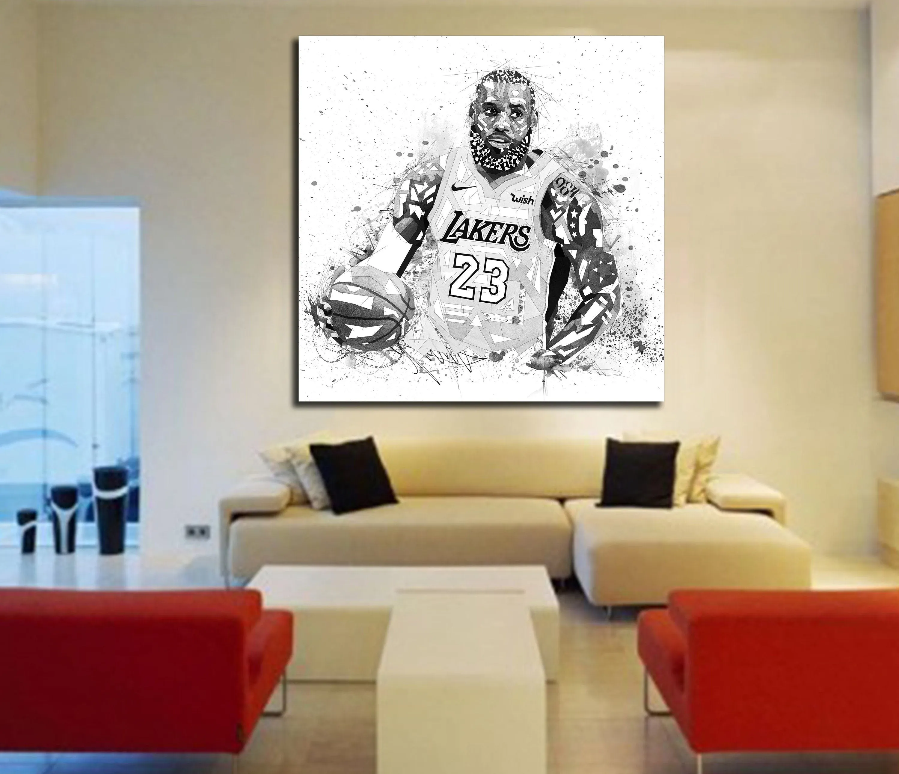 Abstract Canvas Print LeBron James Basketball Wall Art, Black and White Sports Wall Decor NBA-LJ03