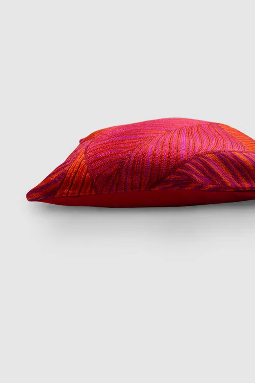Leaves Chainstitch Embroidered  Cushion Cover Red & Yellow