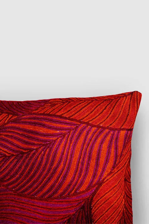 Leaves Chainstitch Embroidered  Cushion Cover Red & Yellow