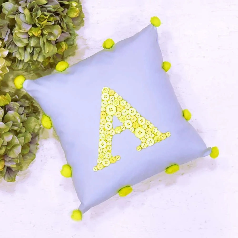 Monogrammed Button Cushion- Pom Pom