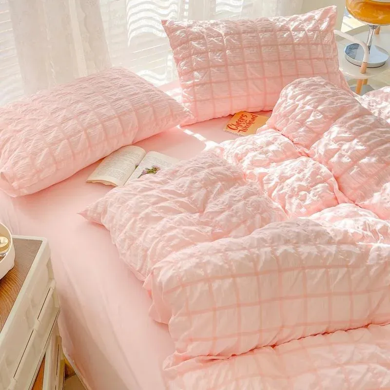 Pastel Color Korean INS Seersucker Duvet Bedding Set