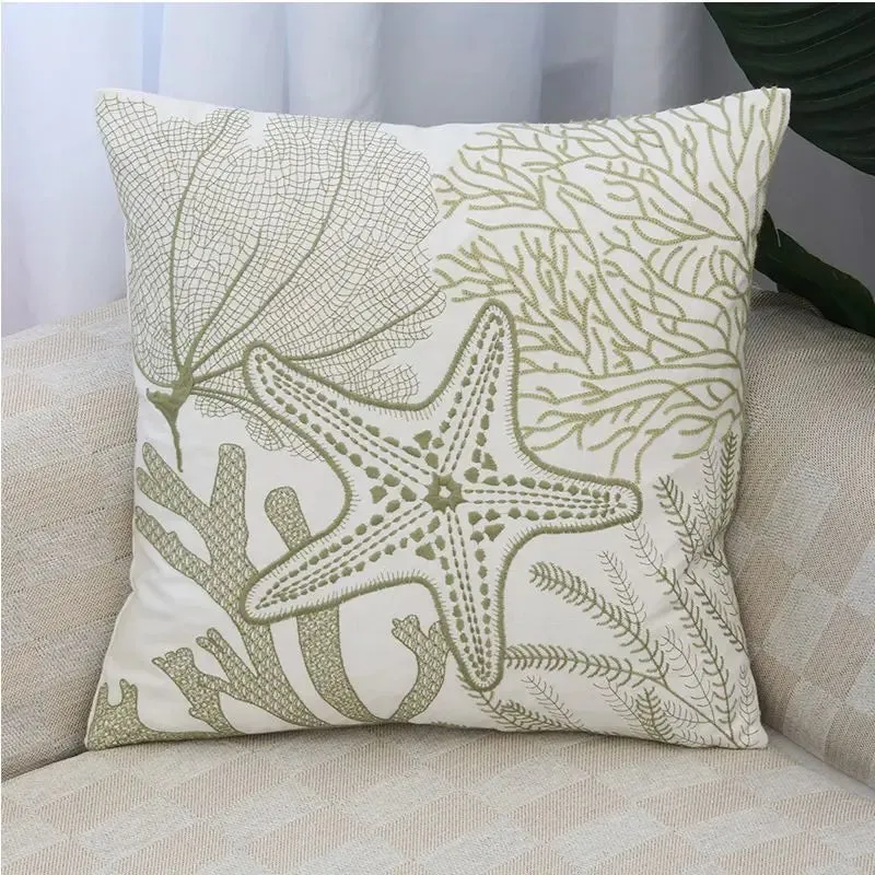SINOTAO  -  Beach Sea Starfish Coral Leaves Embroidered Pillowcase Back Cushion Cover Casual Cotton Case Sofa Bedroom Decro 45x45cm