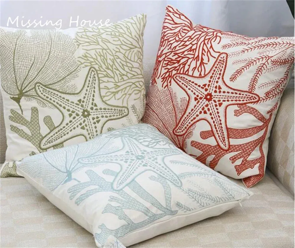 SINOTAO  -  Beach Sea Starfish Coral Leaves Embroidered Pillowcase Back Cushion Cover Casual Cotton Case Sofa Bedroom Decro 45x45cm