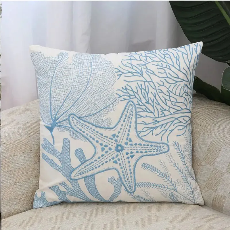 SINOTAO  -  Beach Sea Starfish Coral Leaves Embroidered Pillowcase Back Cushion Cover Casual Cotton Case Sofa Bedroom Decro 45x45cm