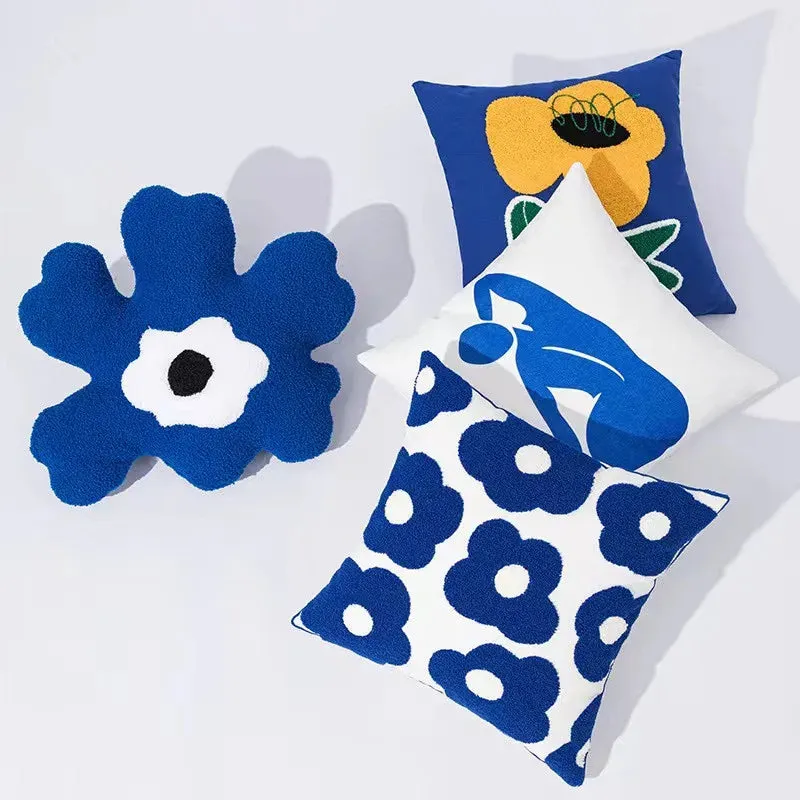 SINOTAO  -  Blue Bloom Flower Embroidered Pillow Cover Cushion Cover Cotton Pillowcase Flora Sofa Bedroom Home Decor