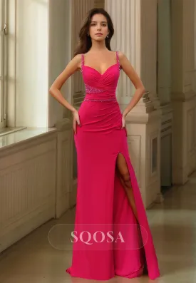Spaghetti Straps Sweetheart Beaded Dinner Gowns Pleated Floor-Length Mermaid Prom Dress