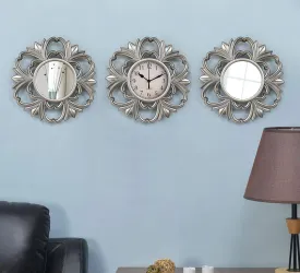 TIED RIBBONS Vintage Antique Style Decorative Wall Mirrors with Clock Set for Home Decoration Living Room Bedroom Kitchen Hall Wash Basin Craft (25 cm X 25 cm, Plastic Framed Mirror)